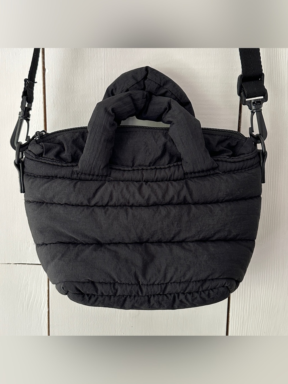 Black Quilted Puffer Mini Tote Bag Dual Top Handles & Removable Shoulder Strap